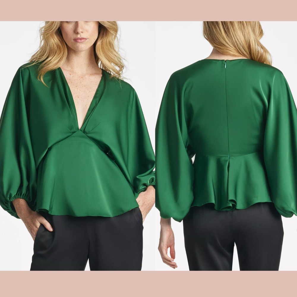 NWT $275 Sachin & Babi [ Small ] Keirsten V‎ Neck Satin Crepe Top Emerald #U1261